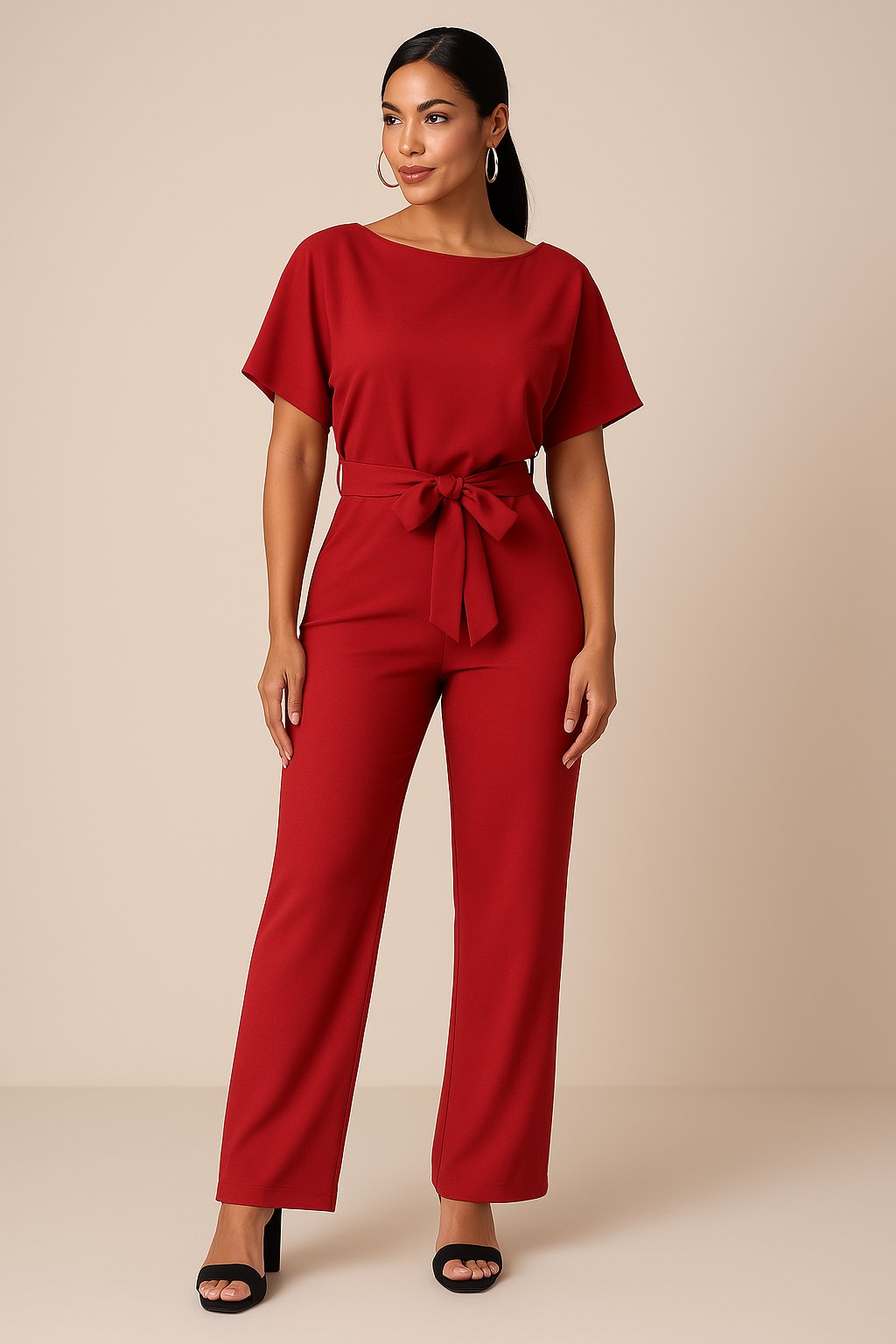 Women's Wide Leg Jumpsuit Short Sleeve Belted - Rot