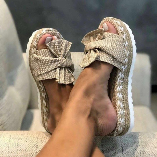 Women's Woven Wedge Sandals Bow Detail Platform - Beige