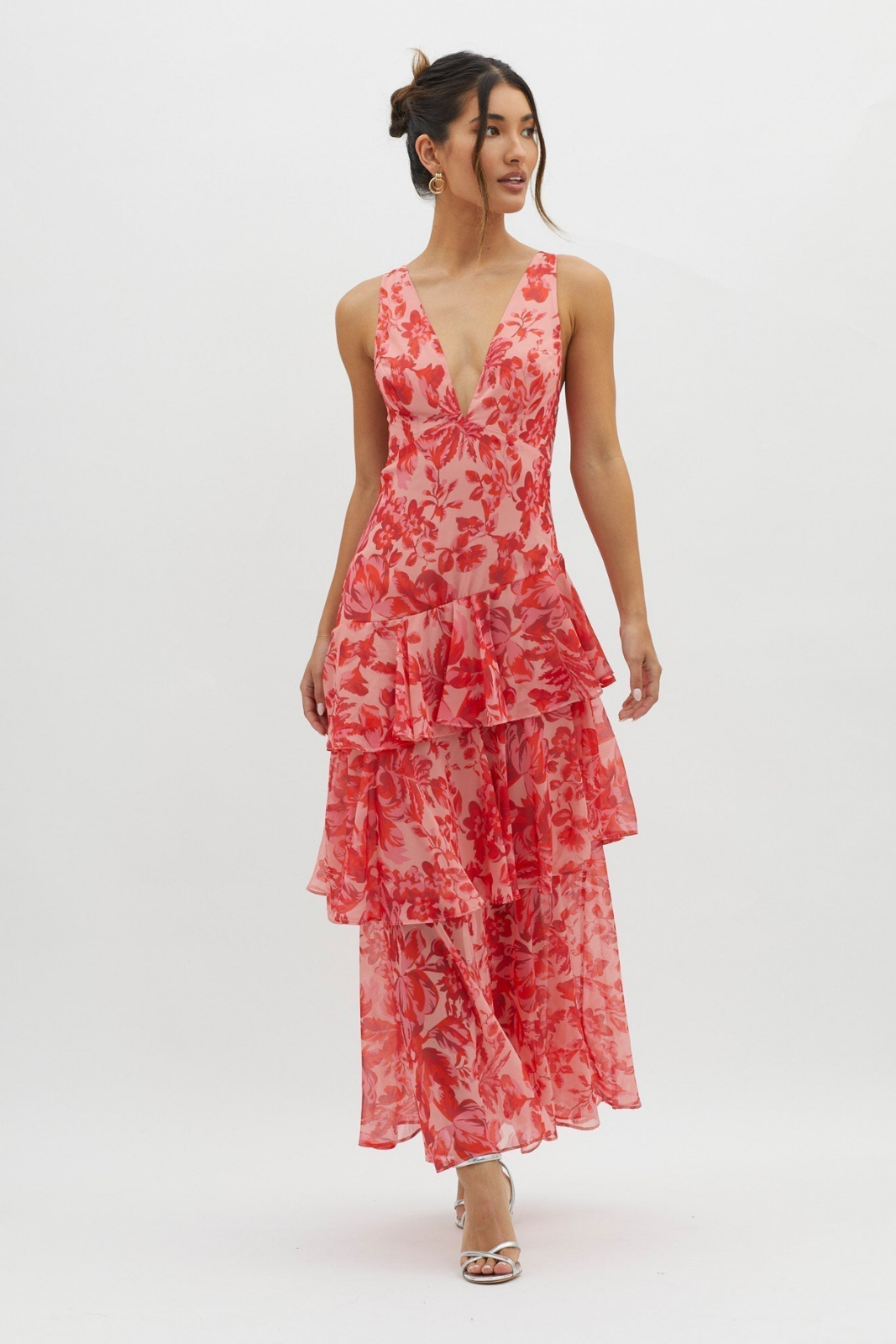 Emmy | Women's Chiffon Floral Tiered Ruffle Deep V-Neck Maxi Dress Carol & Margaret Wilmington
