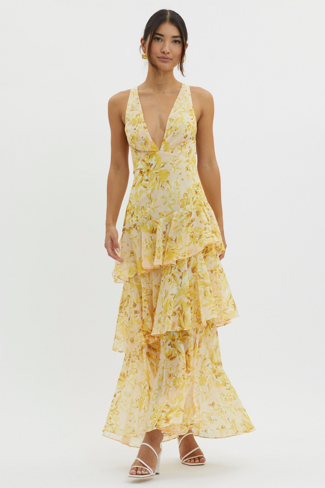 Emmy | Women's Chiffon Floral Tiered Ruffle Deep V-Neck Maxi Dress Carol & Margaret Wilmington