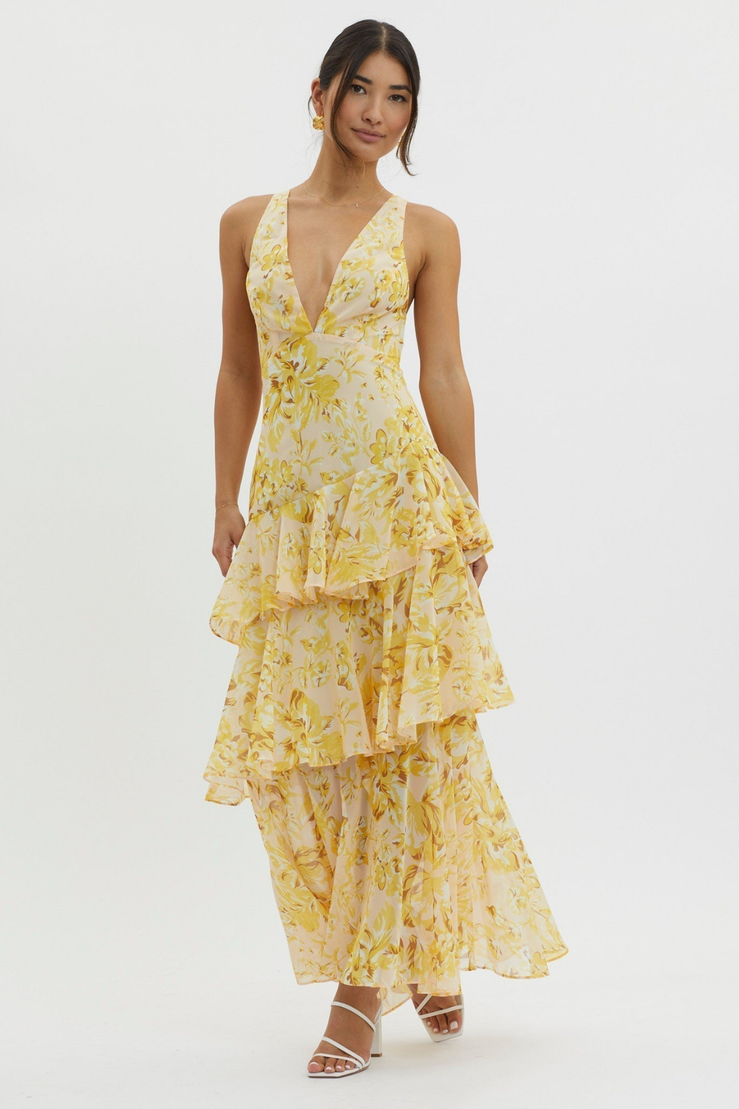 Emmy | Women's Chiffon Floral Tiered Ruffle Deep V-Neck Maxi Dress Carol & Margaret Wilmington