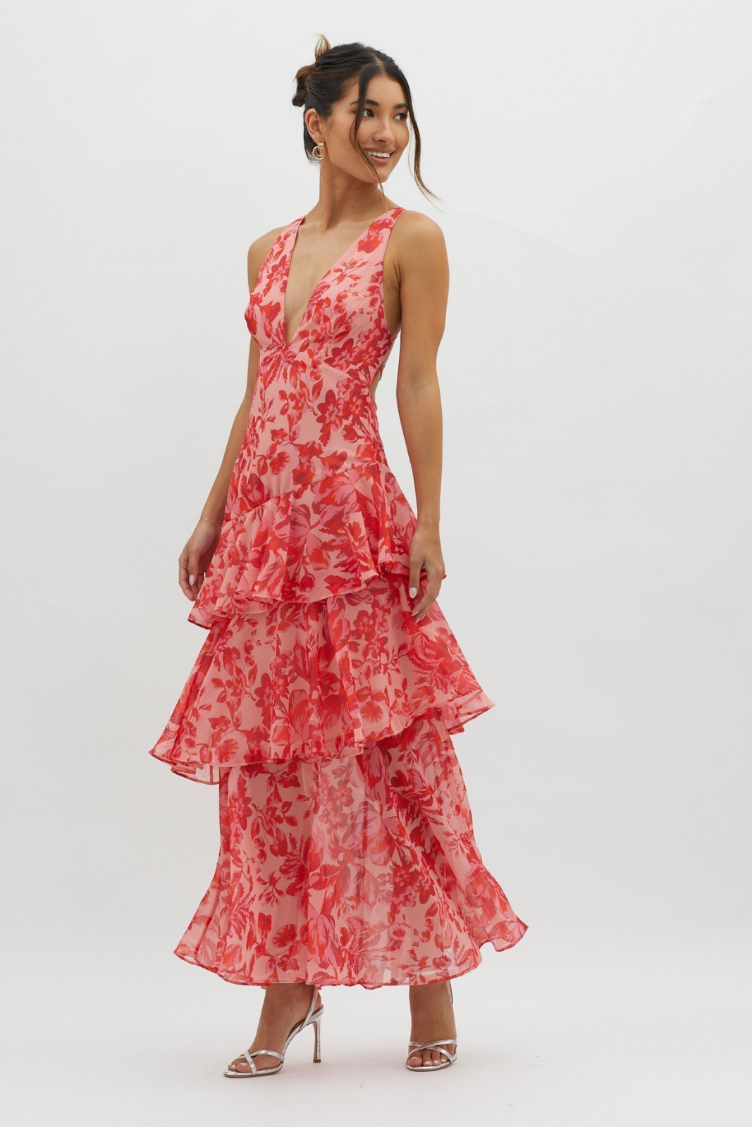 Emmy | Women's Chiffon Floral Tiered Ruffle Deep V-Neck Maxi Dress Carol & Margaret Wilmington