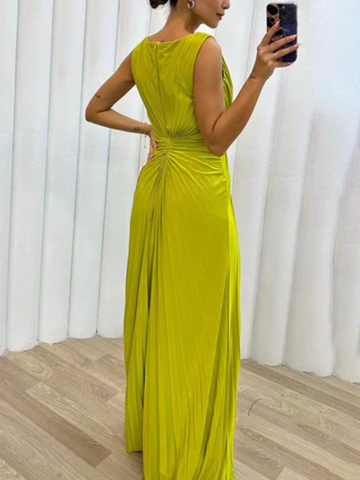 Elisa | Women's Satin Pleated Jewel-Brooch Sleeveless Side-Slit Maxi Dress Carol & Margaret Wilmington