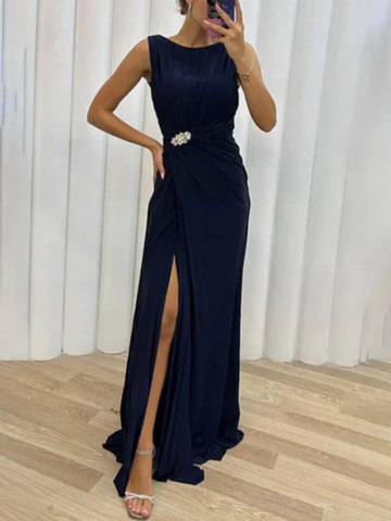 Elisa | Women's Satin Pleated Jewel-Brooch Sleeveless Side-Slit Maxi Dress Carol & Margaret Wilmington