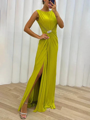 Elisa | Women's Satin Pleated Jewel-Brooch Sleeveless Side-Slit Maxi Dress Carol & Margaret Wilmington