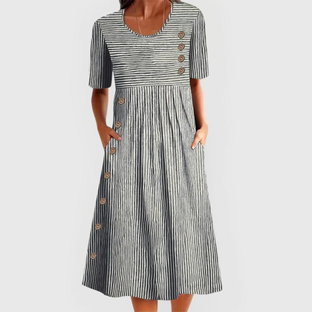 Frida | Women's Linen Striped Button-Trim Scoop Neck Midi Dress Carol & Margaret Wilmington