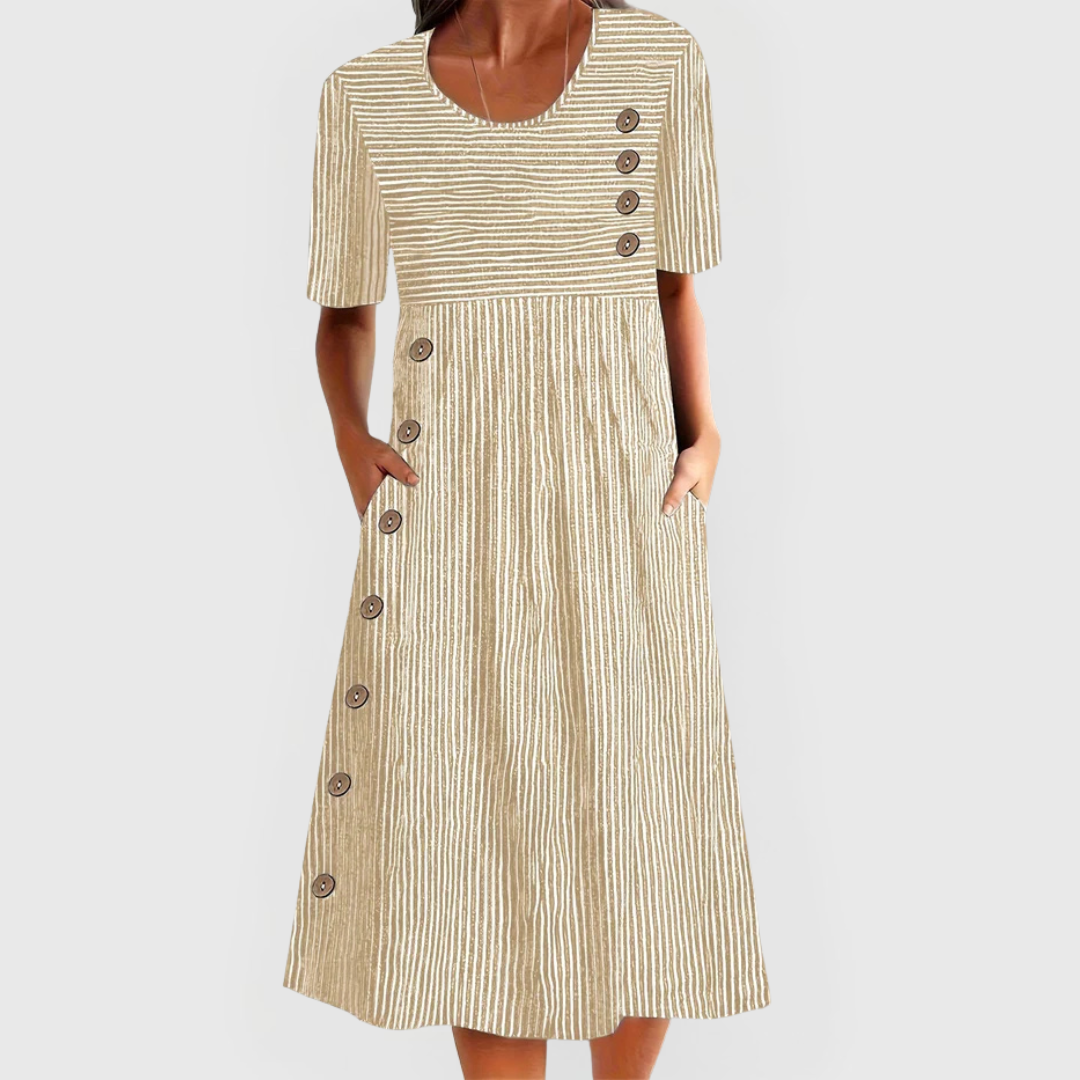 Frida | Women's Linen Striped Button-Trim Scoop Neck Midi Dress Carol & Margaret Wilmington