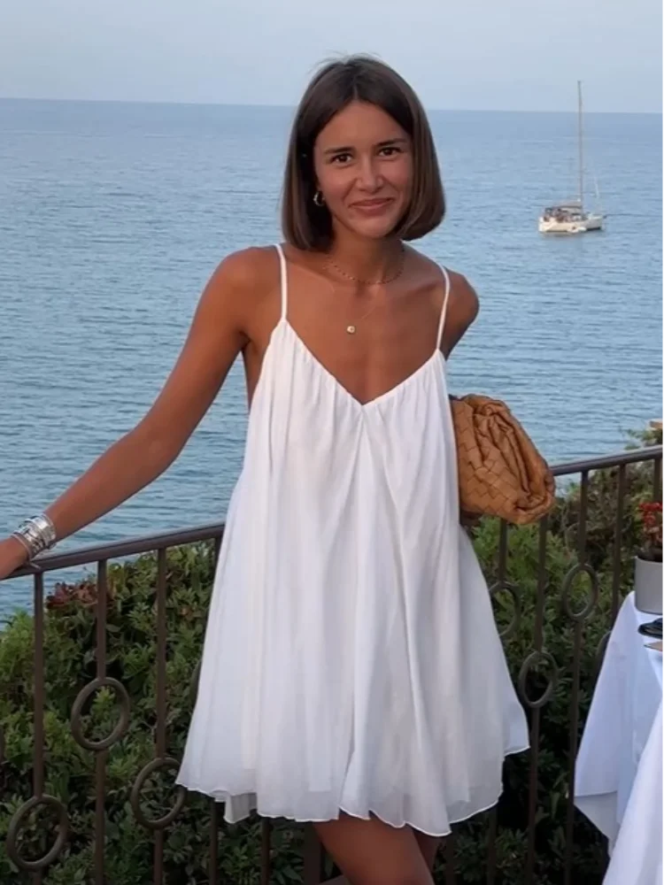 Caleigh | Women's White Chiffon V-Neck Spaghetti Strap Mini Dress Carol & Margaret Wilmington