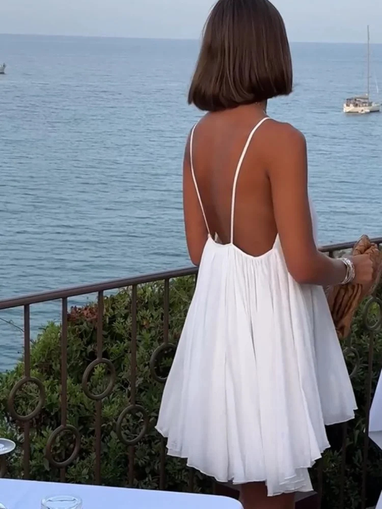 Caleigh | Women's White Chiffon V-Neck Spaghetti Strap Mini Dress Carol & Margaret Wilmington