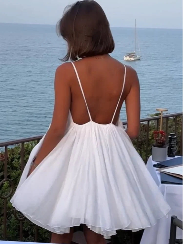 Caleigh | Women's White Chiffon V-Neck Spaghetti Strap Mini Dress Carol & Margaret Wilmington