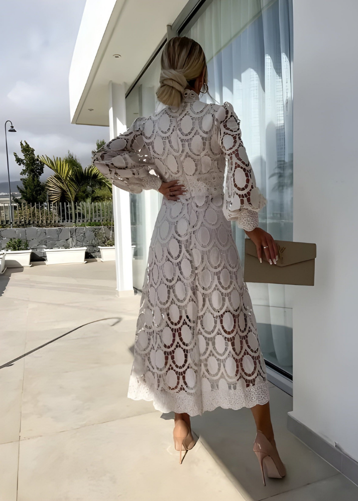 Ruby | Women's Lace Mock Neck Long Sleeve A-Line Midi Dress Carol & Margaret Wilmington