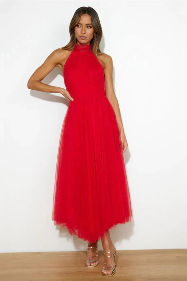 Myra | Women's Chiffon Mesh Halter Neck Ruched Waist A-Line Midi Dress Carol & Margaret Wilmington