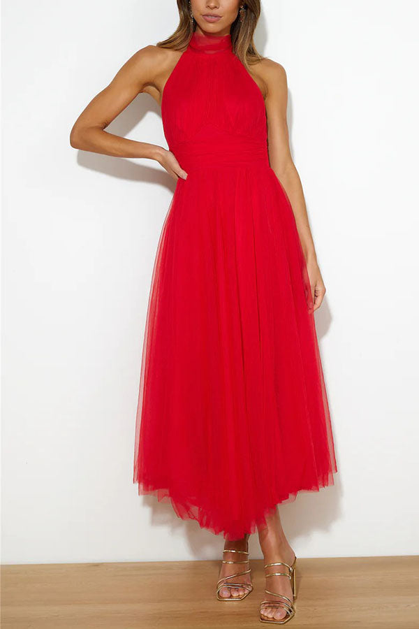Myra | Women's Chiffon Mesh Halter Neck Ruched Waist A-Line Midi Dress Carol & Margaret Wilmington