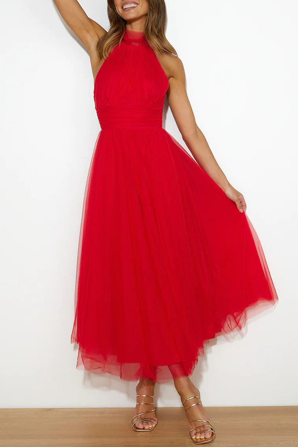 Myra | Women's Chiffon Mesh Halter Neck Ruched Waist A-Line Midi Dress Carol & Margaret Wilmington