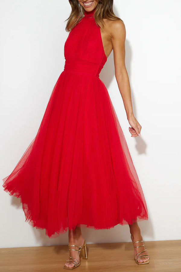 Myra | Women's Chiffon Mesh Halter Neck Ruched Waist A-Line Midi Dress Carol & Margaret Wilmington