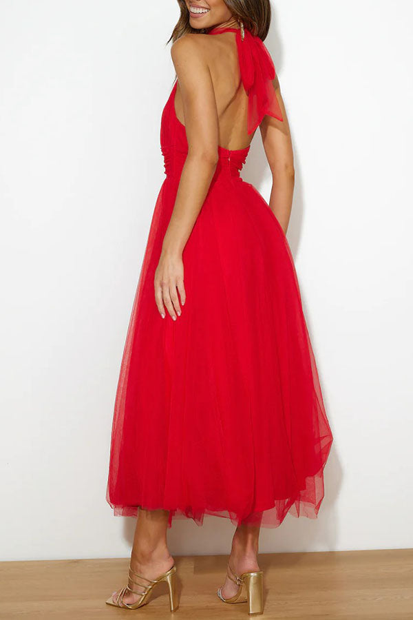 Myra | Women's Chiffon Mesh Halter Neck Ruched Waist A-Line Midi Dress Carol & Margaret Wilmington