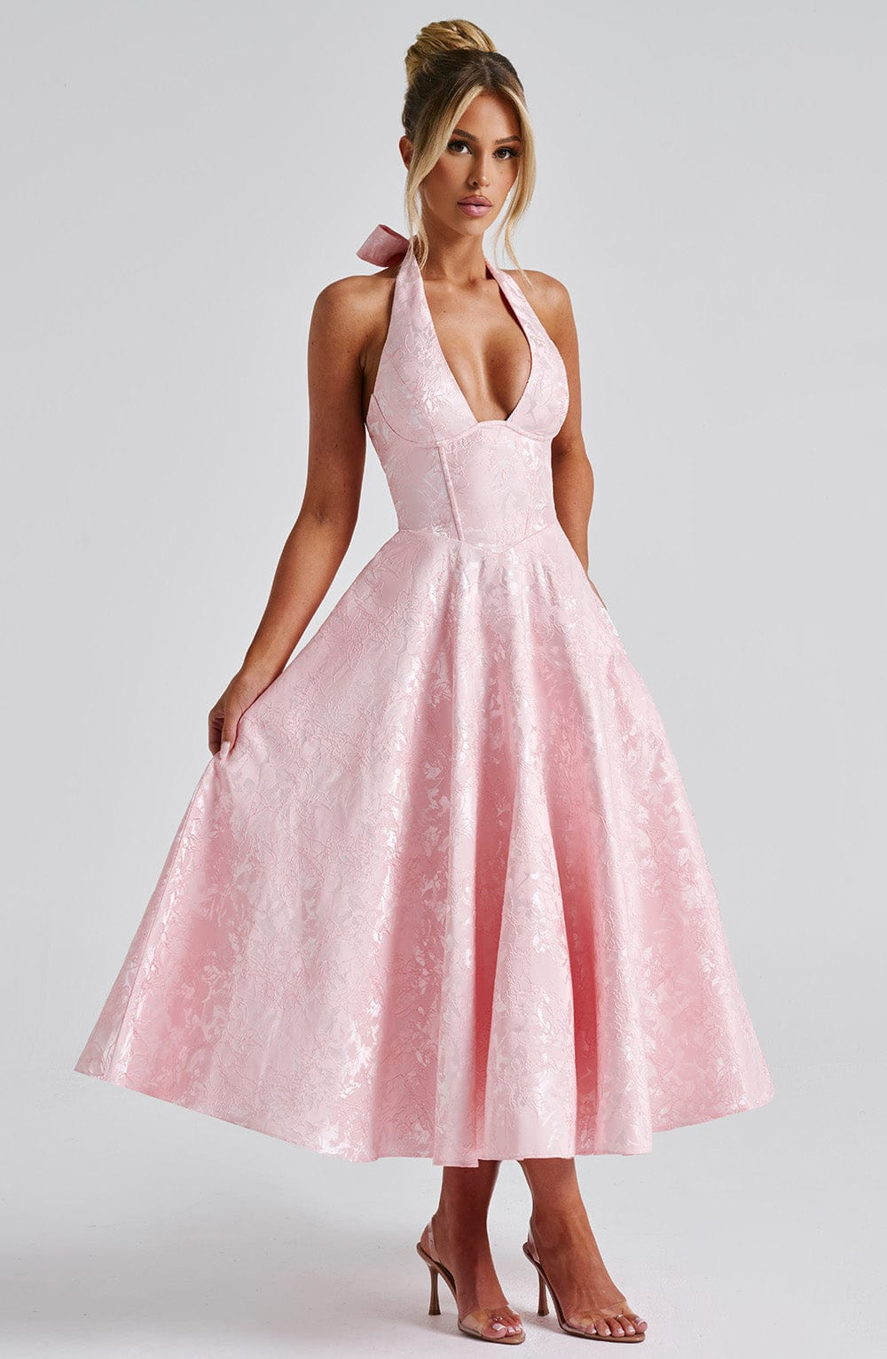 Yael | Women's Jacquard Deep V Halter Neck A-Line Midi Dress Carol & Margaret Wilmington