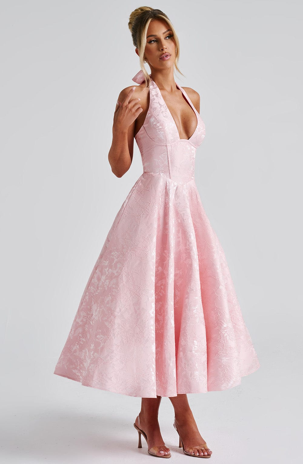 Yael | Women's Jacquard Deep V Halter Neck A-Line Midi Dress Carol & Margaret Wilmington