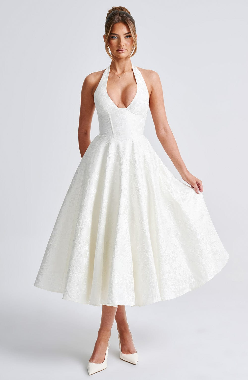Yael | Women's Jacquard Deep V Halter Neck A-Line Midi Dress Carol & Margaret Wilmington