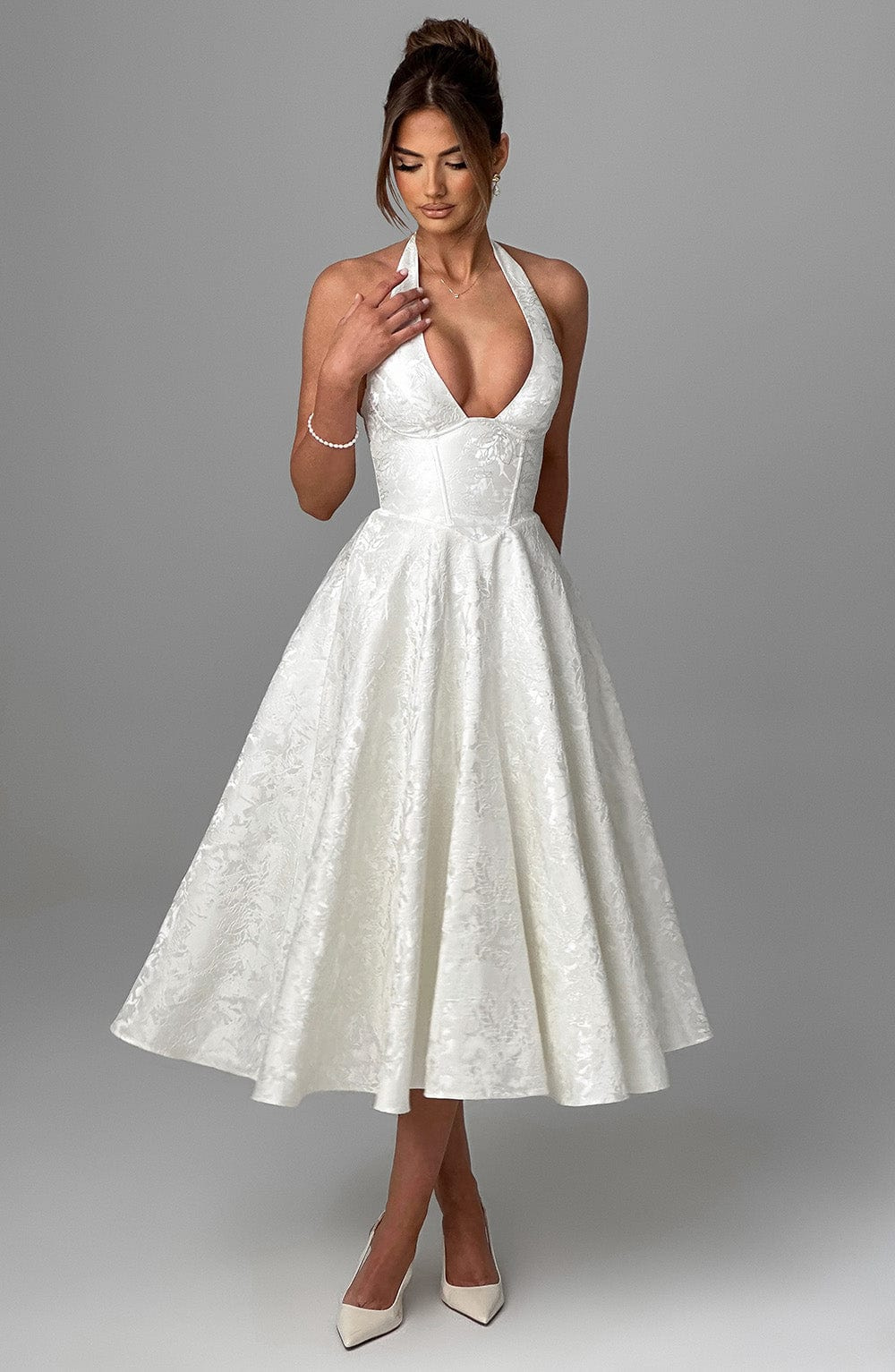 Yael | Women's Jacquard Deep V Halter Neck A-Line Midi Dress Carol & Margaret Wilmington