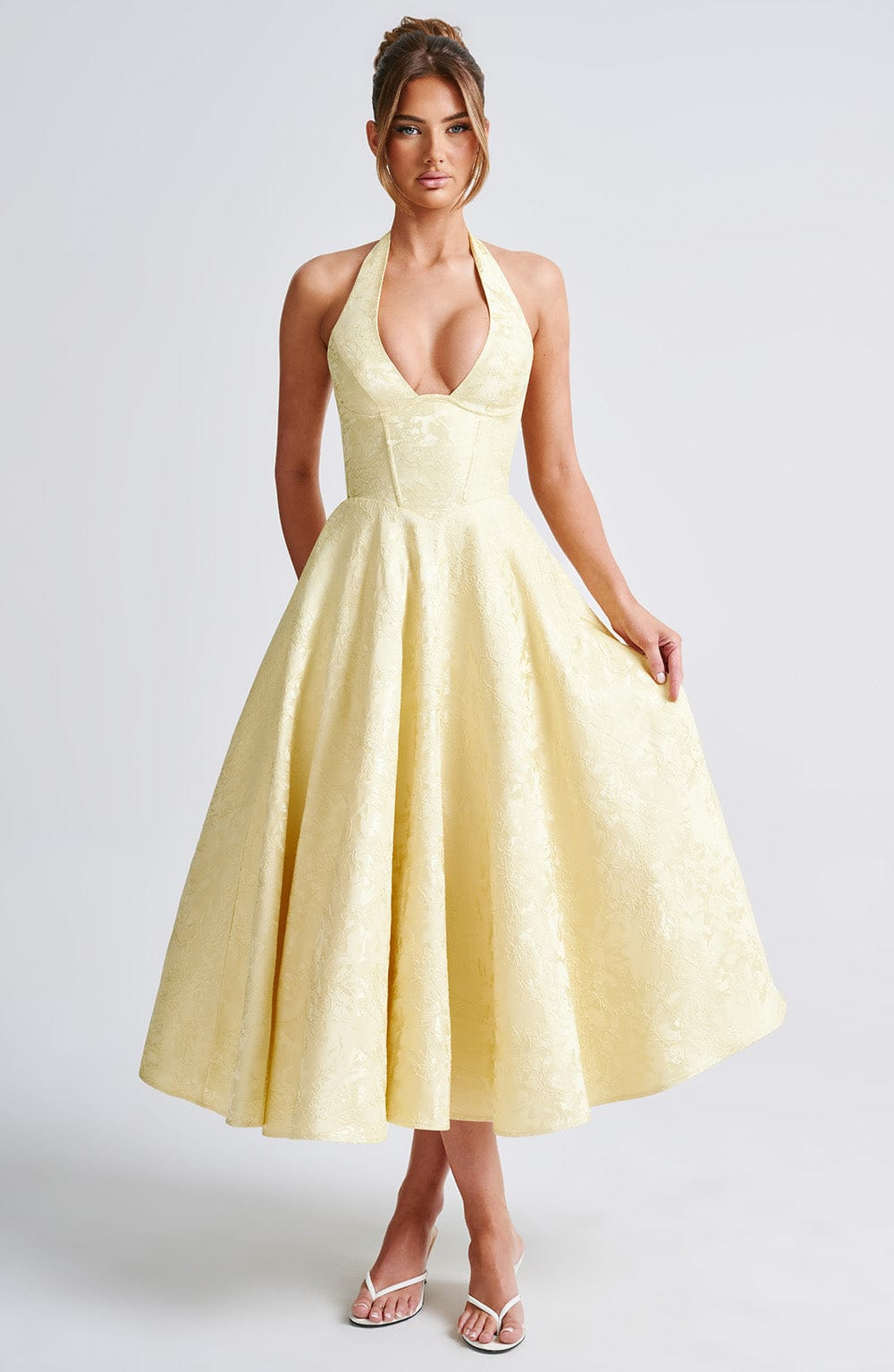 Yael | Women's Jacquard Deep V Halter Neck A-Line Midi Dress Carol & Margaret Wilmington