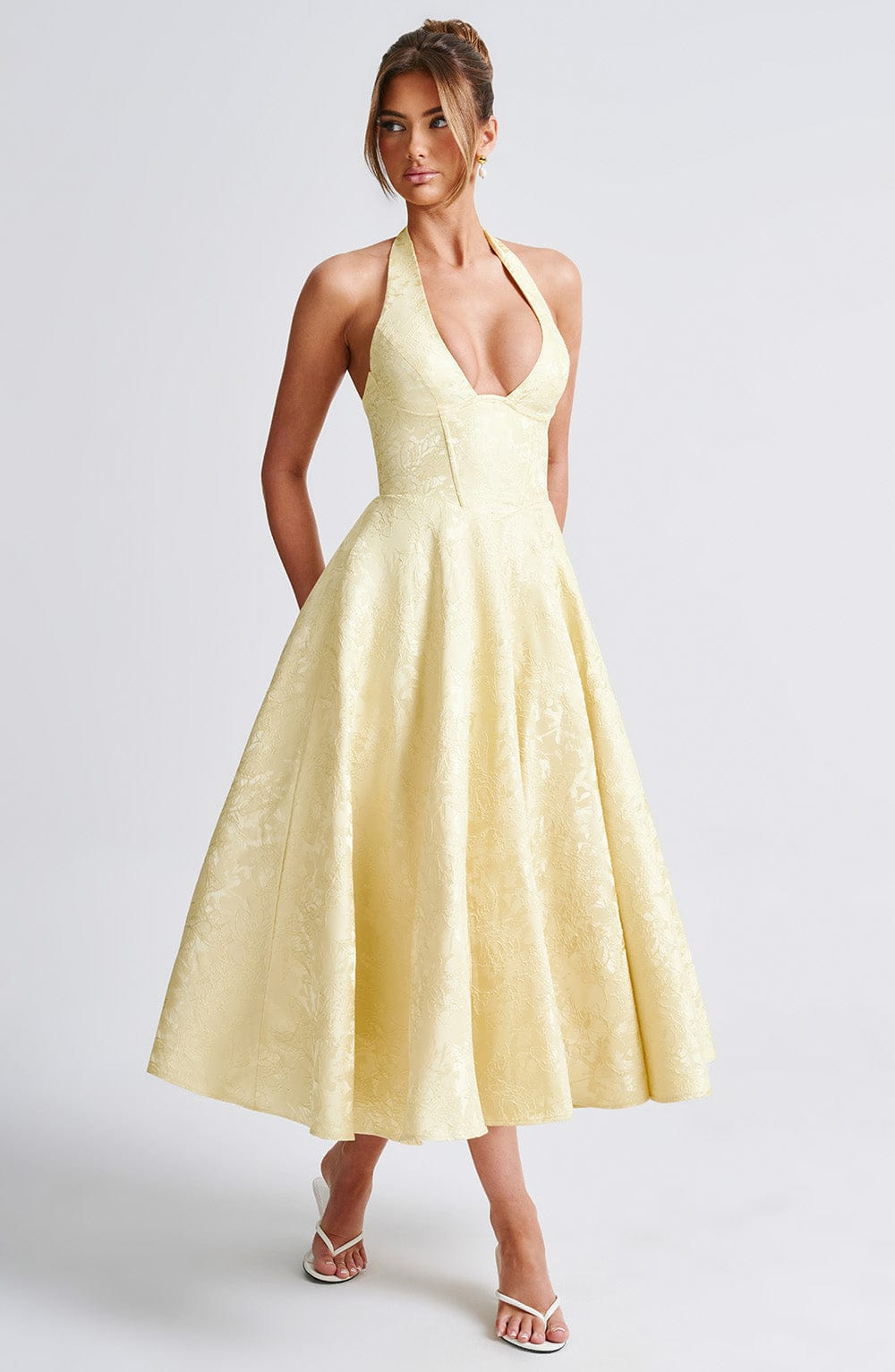 Yael | Women's Jacquard Deep V Halter Neck A-Line Midi Dress Carol & Margaret Wilmington