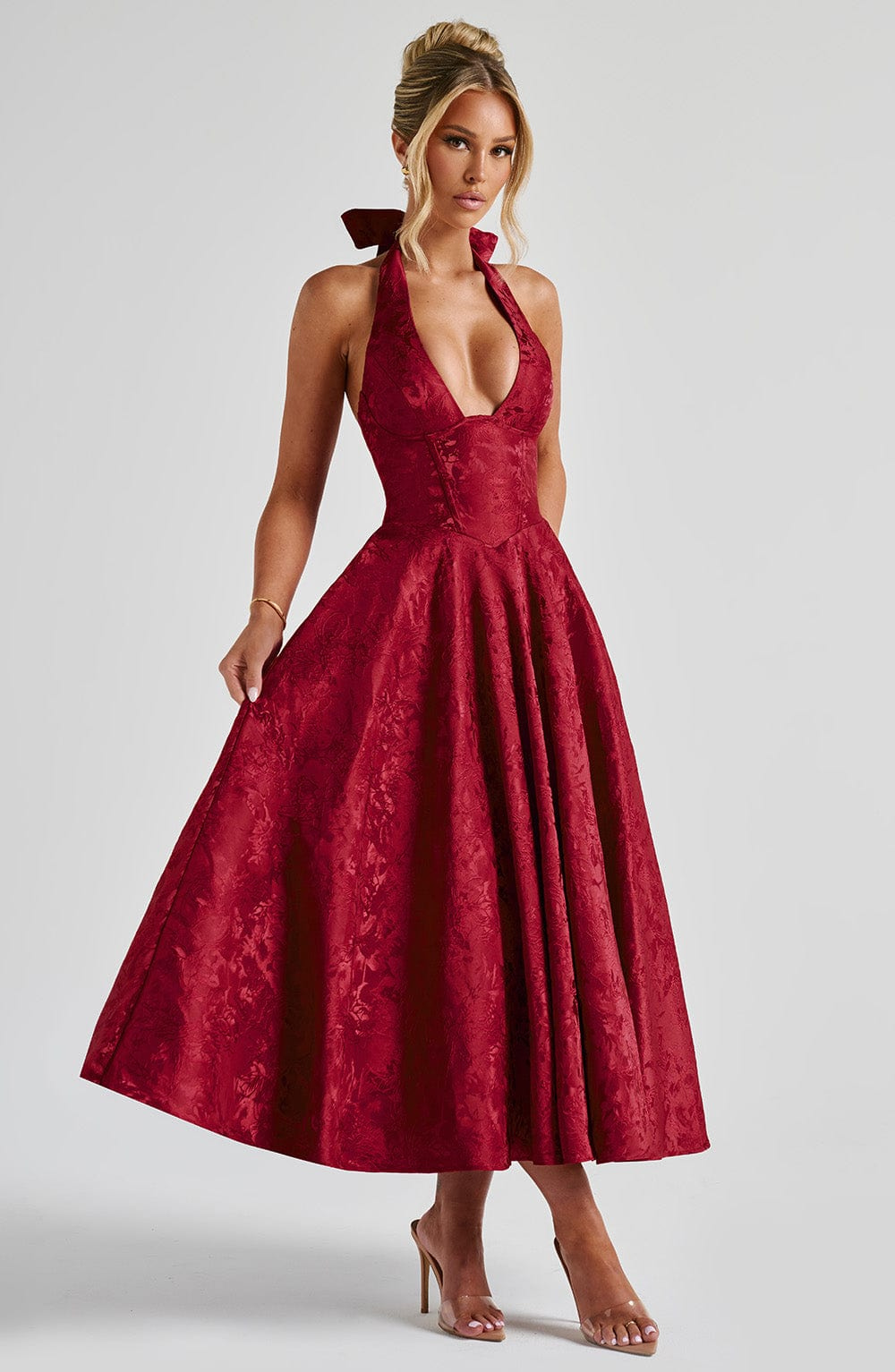 Yael | Women's Jacquard Deep V Halter Neck A-Line Midi Dress Carol & Margaret Wilmington