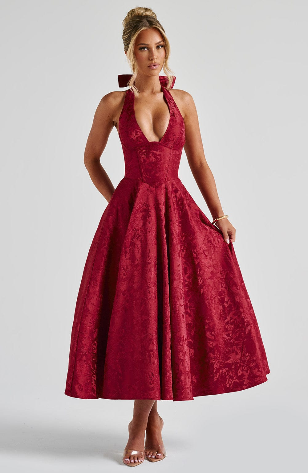 Yael | Women's Jacquard Deep V Halter Neck A-Line Midi Dress Carol & Margaret Wilmington