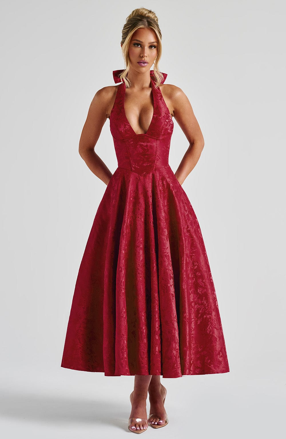 Yael | Women's Jacquard Deep V Halter Neck A-Line Midi Dress Carol & Margaret Wilmington