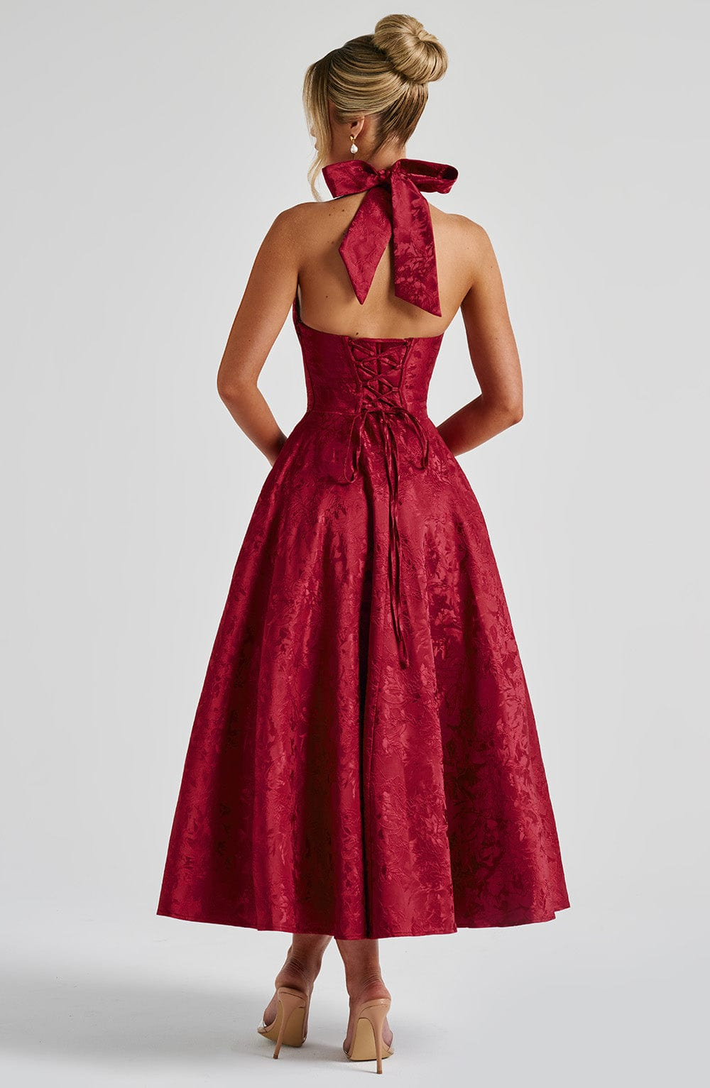 Yael | Women's Jacquard Deep V Halter Neck A-Line Midi Dress Carol & Margaret Wilmington