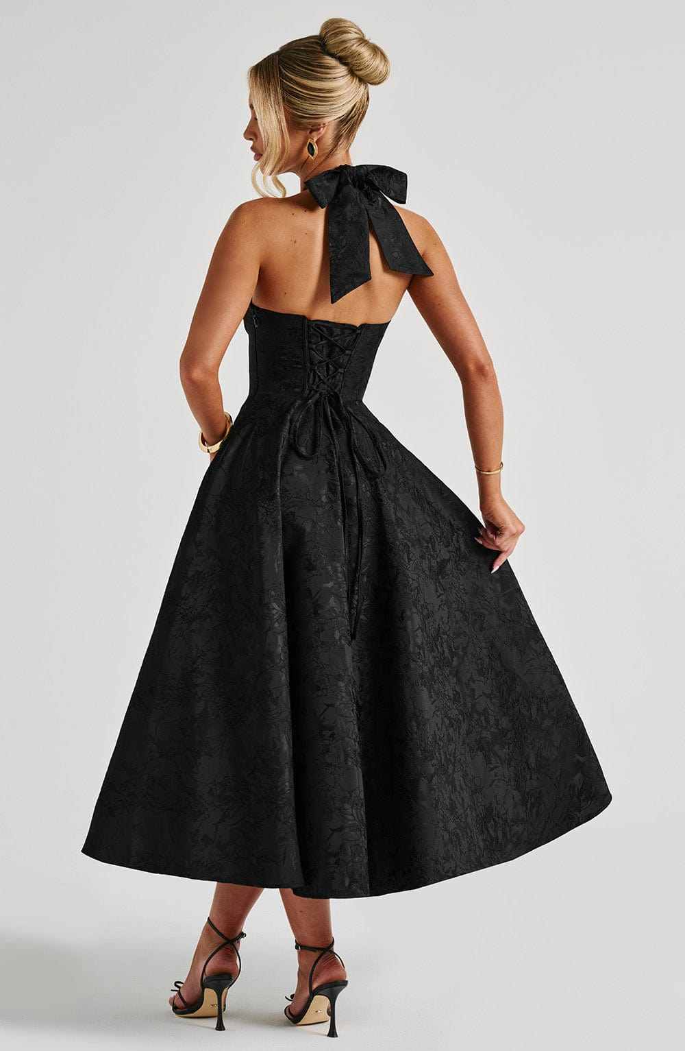 Yael | Women's Jacquard Deep V Halter Neck A-Line Midi Dress Carol & Margaret Wilmington