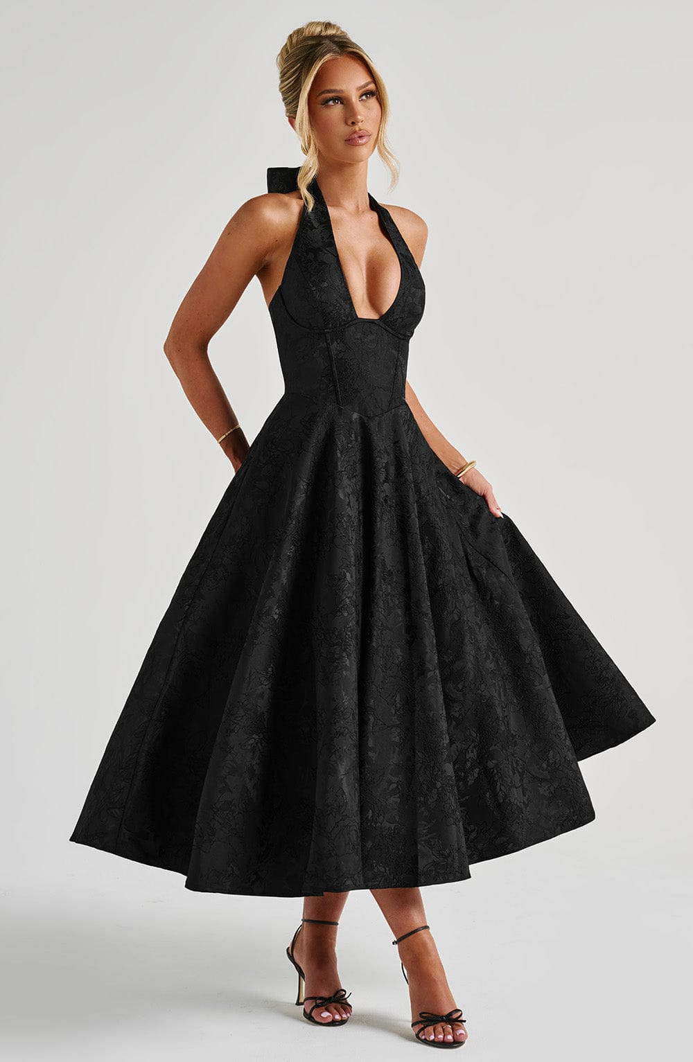 Yael | Women's Jacquard Deep V Halter Neck A-Line Midi Dress Carol & Margaret Wilmington