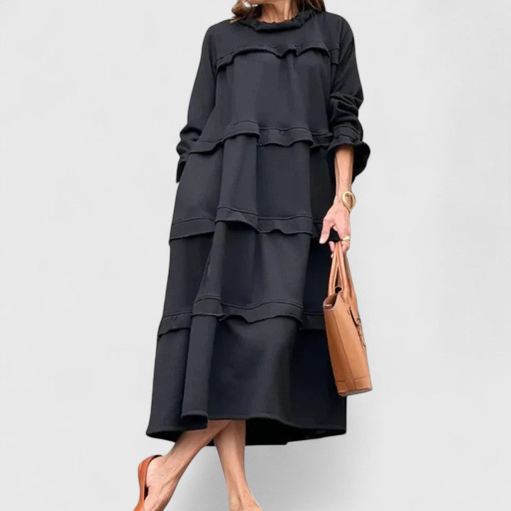 Paige | Women's Black Stretch Tiered Ruffle Long Sleeve Midi Dress Carol & Margaret Wilmington