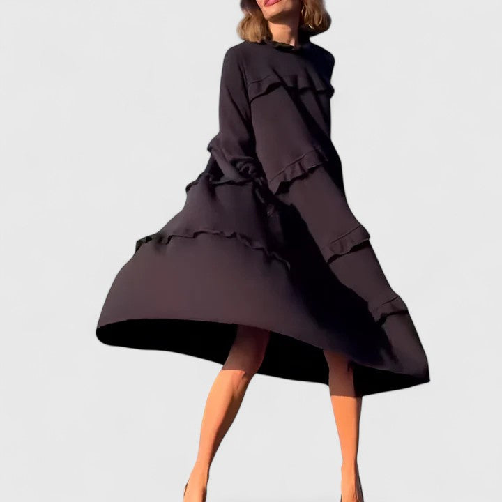 Paige | Women's Black Stretch Tiered Ruffle Long Sleeve Midi Dress Carol & Margaret Wilmington