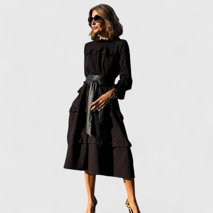 Paige | Women's Black Stretch Tiered Ruffle Long Sleeve Midi Dress Carol & Margaret Wilmington