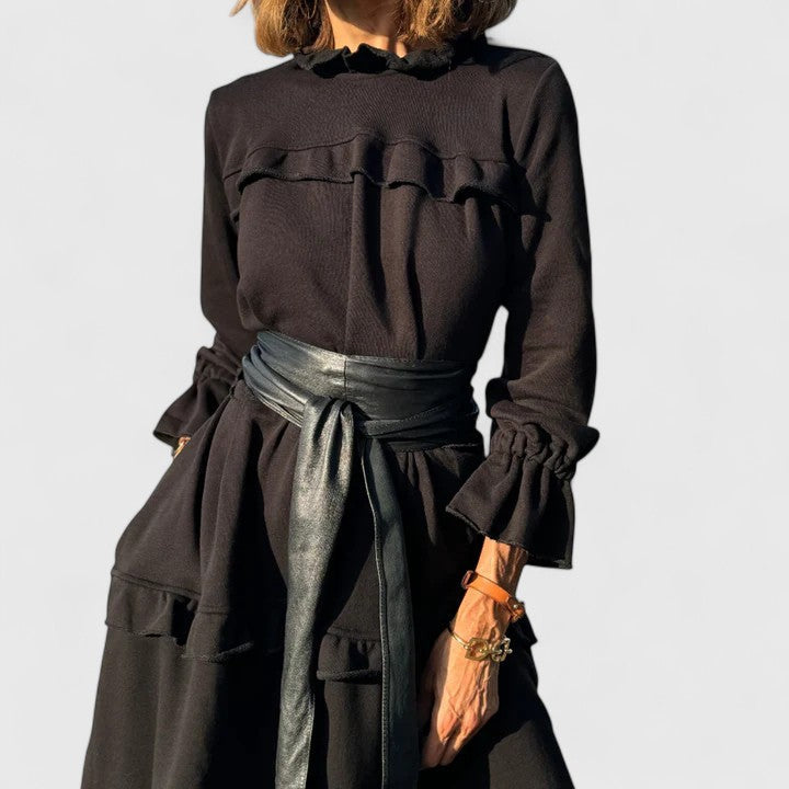 Paige | Women's Black Stretch Tiered Ruffle Long Sleeve Midi Dress Carol & Margaret Wilmington