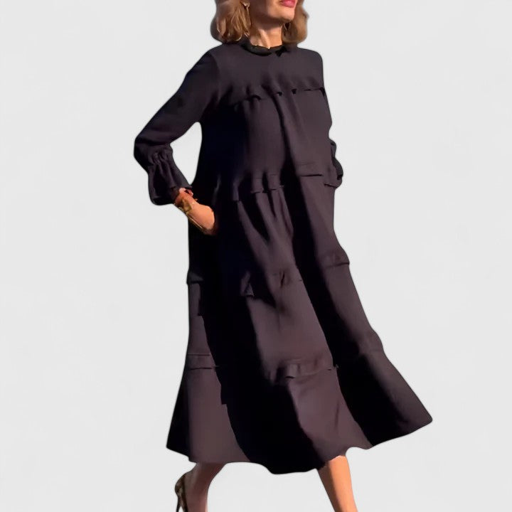 Paige | Women's Black Stretch Tiered Ruffle Long Sleeve Midi Dress Carol & Margaret Wilmington