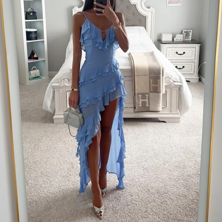 Aspen | Women's Blue Chiffon Ruffle V-Neck Spaghetti Strap Hi-Low Dress Carol & Margaret Wilmington