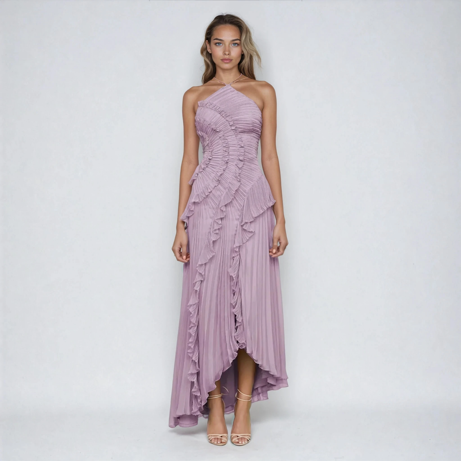 Tinsley | Women's Purple Chiffon Pleated Ruffle Halter Hi-Low Maxi Dress Carol & Margaret Wilmington