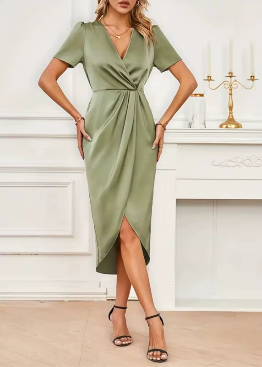 Pauline | Women's Satin V-Neck Short Sleeve Wrap Hi-Low Midi Dress Carol & Margaret Wilmington