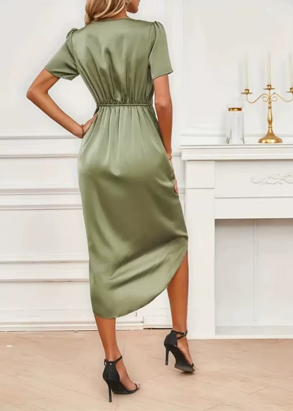 Pauline | Women's Satin V-Neck Short Sleeve Wrap Hi-Low Midi Dress Carol & Margaret Wilmington