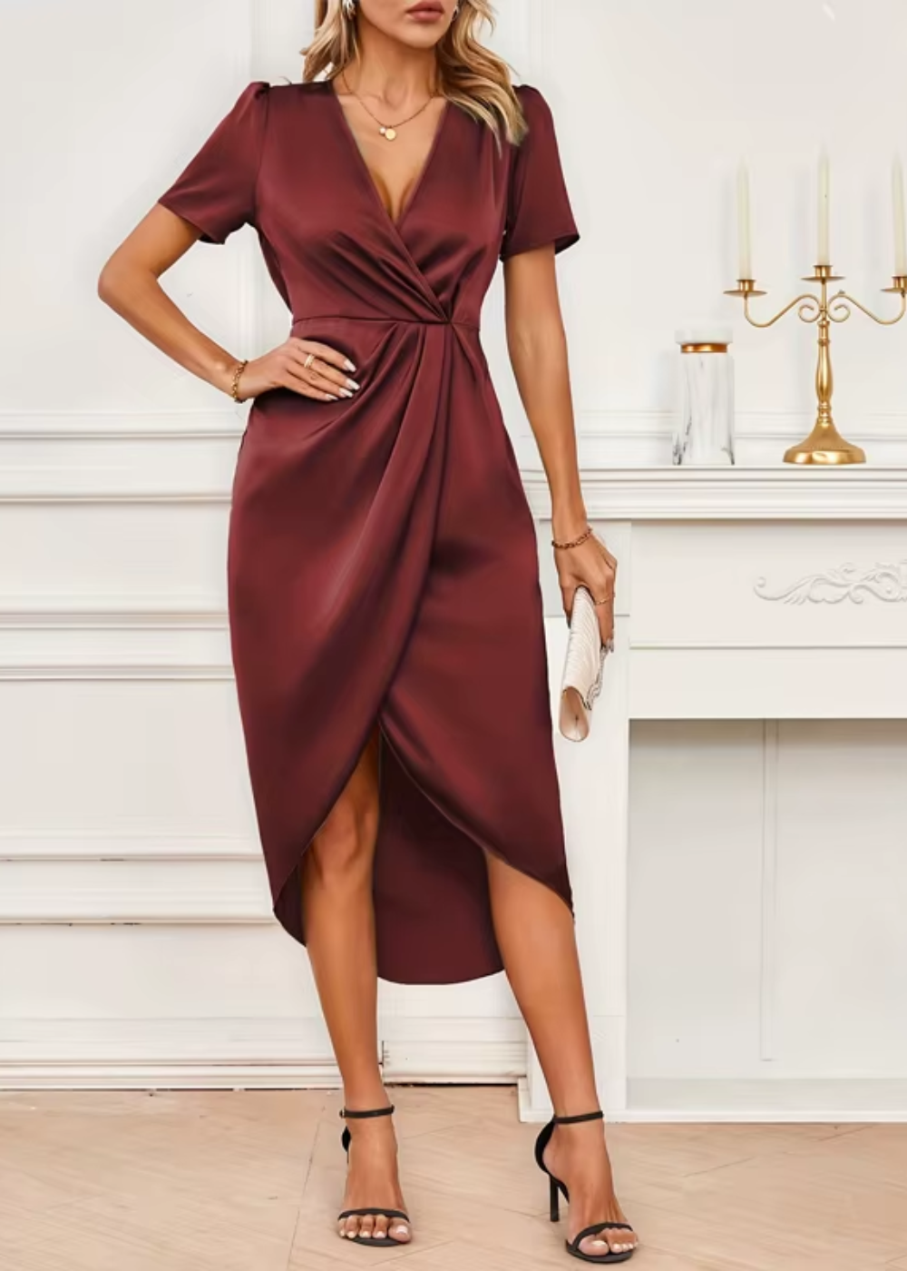 Pauline | Women's Satin V-Neck Short Sleeve Wrap Hi-Low Midi Dress Carol & Margaret Wilmington