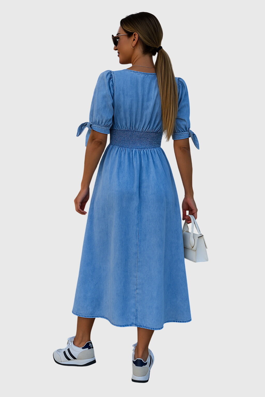 Zaylee | Women's Denim V-Neck Tie-Sleeve Button-Front Midi Dress Carol & Margaret Wilmington