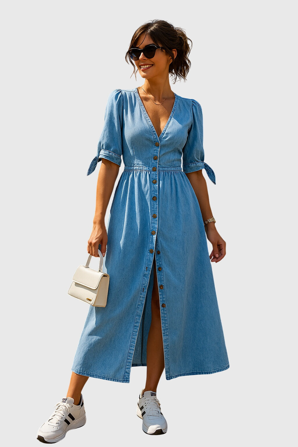 Zaylee | Women's Denim V-Neck Tie-Sleeve Button-Front Midi Dress Carol & Margaret Wilmington