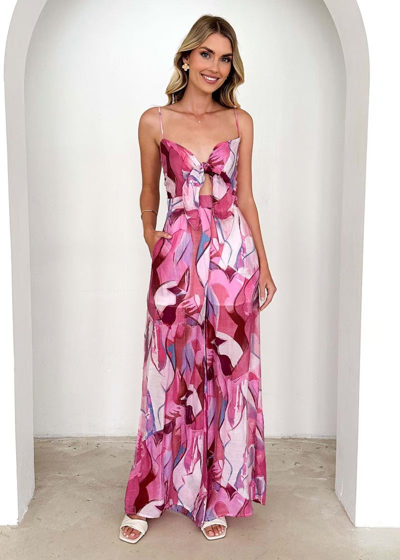 Brynn | Women's Chiffon Abstract Print Tie-Front Cutout Maxi Dress Carol & Margaret Wilmington