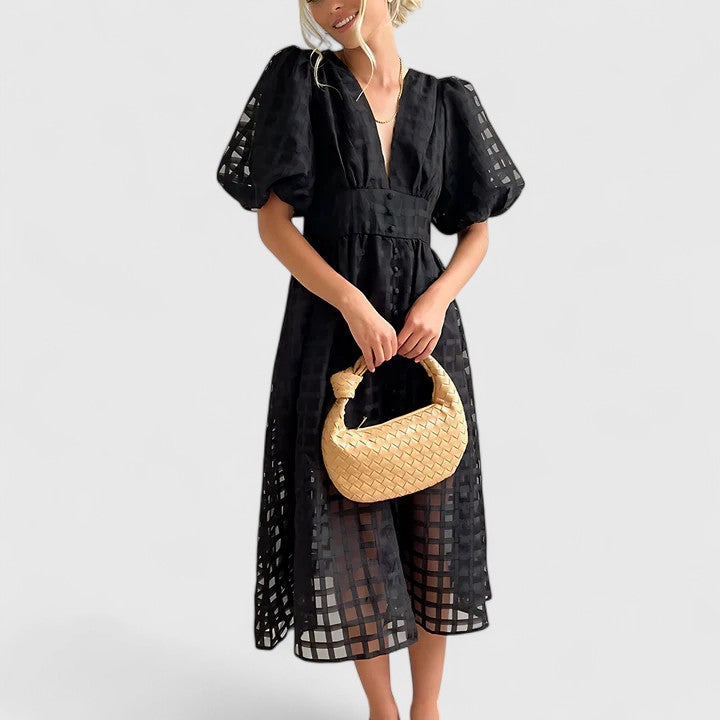 Barbara | Women's Chiffon Grid Puff Sleeve V-Neck Midi Dress Carol & Margaret Wilmington