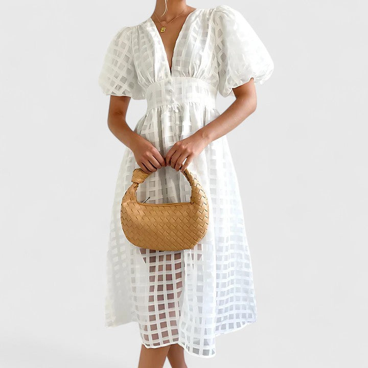 Barbara | Women's Chiffon Grid Puff Sleeve V-Neck Midi Dress Carol & Margaret Wilmington