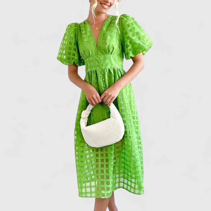 Barbara | Women's Chiffon Grid Puff Sleeve V-Neck Midi Dress Carol & Margaret Wilmington