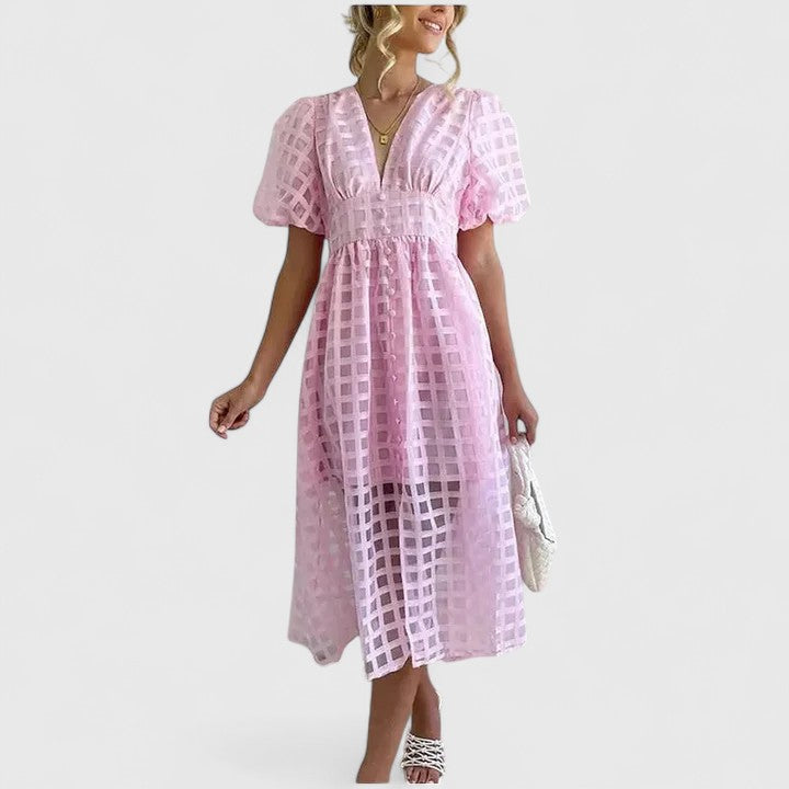 Barbara | Women's Chiffon Grid Puff Sleeve V-Neck Midi Dress Carol & Margaret Wilmington