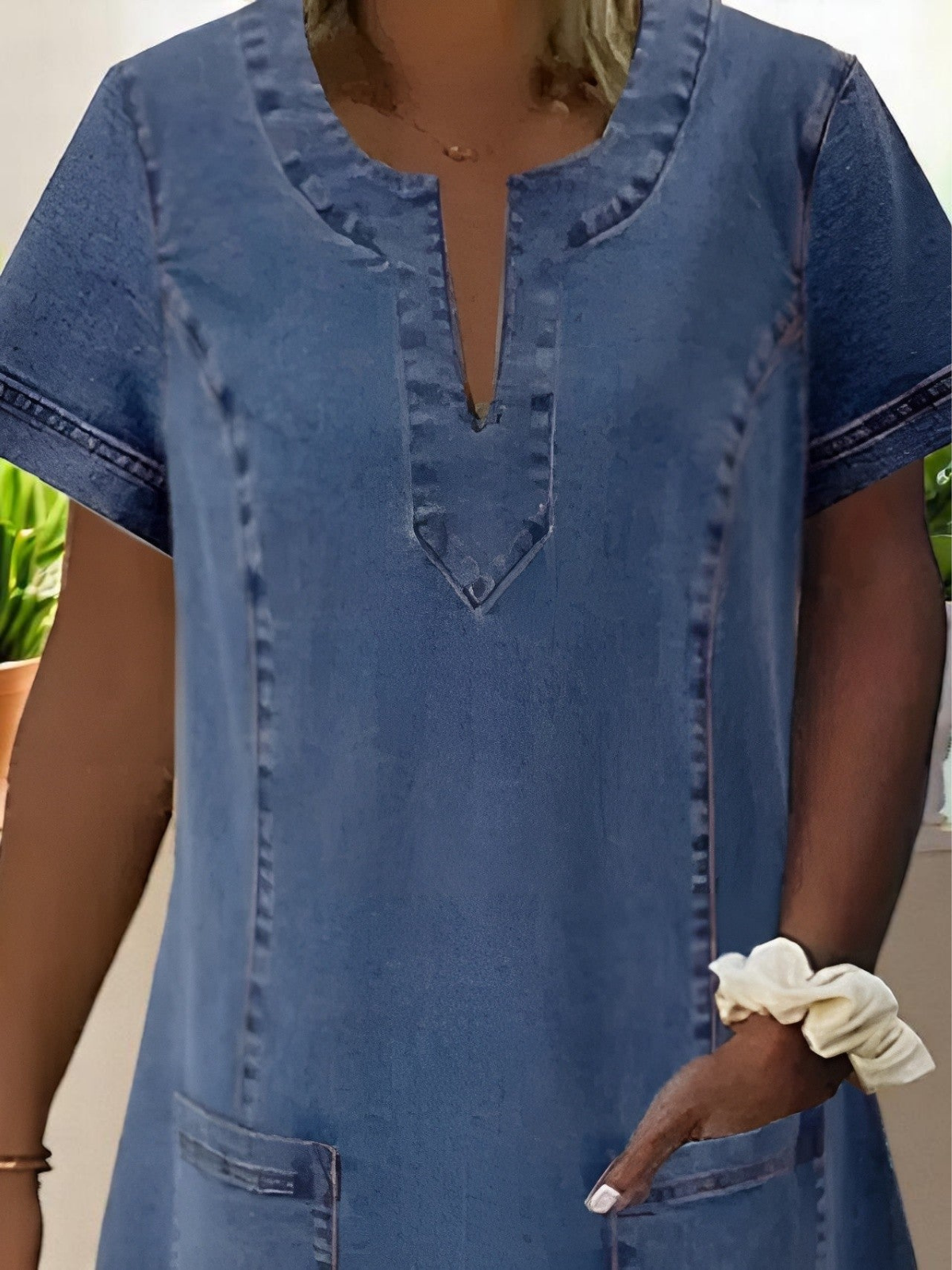 Adrienne | Women's Blue Denim Notch Neck Short Sleeve Patch Pocket Mini Dress Carol & Margaret Wilmington